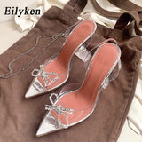 kamames PVC Transparent Pointed Toe Women Pumps Fashion Bowknot Design Elegant Ladies Crystal High Heel Party Wedding Mule Shoes