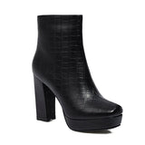 kamames Platform Women Boots Faux Leather Square High Heel Ankle Boots Zipper Boots Autumn Winter Ladies Shoes Black Brown