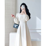 kamames Vintage White Midi Dresses for Women 2023 New Autumn Elegant Fashion Square Neck Long Sleeves Bride Wed Female Clothing