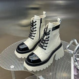 kamames Spring Leather Shoes Women's Dark Bear Ankle Boots Youth Girl Panda Booties Woman Heart Lace Up Low Heels Waterproof Boots