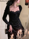kamames Black Velvet Midi Dress Women Sexy Chic Hollow Out Mesh Dress Female Korean Vintage Casual Evening Party Dress Autumn