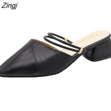 kamames Party Women Mules Slipper Pointed Toe Block Strap Closed Shallow High Heels Shoes Sandals Black Beige Square heel Pumps