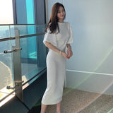 kamames O Neck Pullover Flare Sleeve Knitted Dress Women High Waist Solid Vestidos Summer 2021 New Slim Robe Temperament Dres