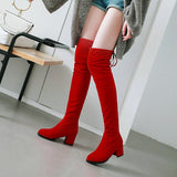 kamames Warm Women Thigh Boots Flock Leather Squae High Heel Over the Knee Boots Slip On Ladies Boots Shoes Black Red Big Size 43