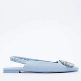 kamames ZAR 2022 Summer New Women Rhinestone Pointed Toe Shallow Mouth Flat Sandals Slippers Back Strap Baotou Temperament Muller Shoes