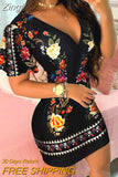 Zingj Women Elegant Dress Vintage Floral Print Ruffles Bodycon Dress for Party Cocktails Casual Mini Dress Vacation Dress