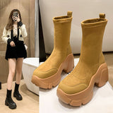 kamames Women Boots Fashion Platform Boots Heels Winter Shoes For Woman Knitted Ankle Botas Mujer 2023 New Autumn Winter Boots Female