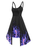 kamames Fire Print Eyelets Asymmetric Dress Irregular Zippered Gothic Jurken Streetwear Femme Dresses