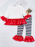 2PC Reindeer Graphic Polka Dot Print Pullover and Splicing Stripped Pants for Girls Kids Clothes