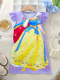 Charming Girls Princess Dress with Playful Cartoon Pattern - Soft Round Neck, Delicate Ruffle Sleeves, Comfortable Straight Casual Style