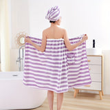 2pcs High Quality Striped Bath Towel Set, 1 Soft Cover Up Towel Skirt + 1 Super Absorbent Hair Drying Towel, Skin-friendly Shower Towel Set Gift, Bathroom Supplies, Home Supplies