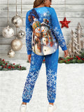 2 Pcs Cozy Snowman Print Christmas Outfit - Long Sleeve Henley Neck T-shirt with Soft Fabric & Plaid Drawstring Waist Slant Pockets Jogger Pants - Women's Festive Holiday Clothing for Winter