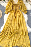 kamames Beach Chiffon Long Dress Elegant Solid Lantern Sleeve High Waist Women Maxi Dress Party Club Ladies Vestidos 2023 New