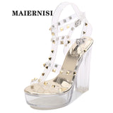 kamames Roman Rivet Sandals Women Crystal High Heel 13cm Silver Female Sandals Sexy Waterproof Platform Steel Pipe  Model Show Shoes