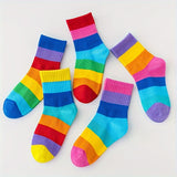 10 Pairs Of Kid's Fashion Rainbow Color Pattern Crew Socks, Comfy Breathable Soft Socks For All Seasons Wearing