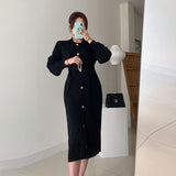 kamames Elegant O-neck Single-breasted Women Solid Sweater Dress OL Style Long Sleeve Belted Knitted Mid-length Dress Female