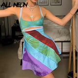 kamames Vintage 90s Striped Patchwork Hollow Out Cami Dresses Aesthetics Cut Out A-line Mini Dress Summer Sexy Clubwear 2021