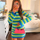 kamames Stripe Knit Women Dress Bodycon Backless Long Sleeve 2022 Holiday Casual Summer Green Y2K Beach Mini Sexy Dresses Party