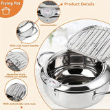 2.2L/3.4L/4.2L Japanese Tempura Deep Fryer with Temperature Control Lid, Oil Drain Rack, and Induction Compatibility - Stainless Steel Frying Pot for French Fries, Fish, and Shrimp - Hand Wash Only