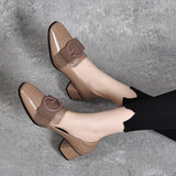 kamames kamames Spring New High Heels Square Head Thick Heel Middle Heel Work Shoes Square Button Head Layer Cowhide Four Seasons