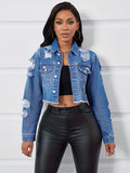 Women's Washed Plain Blue Distressed Denim Jacket With Faux Pockets, Casual Jean Top, Fashion Outerwear suit for autumn