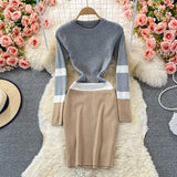 kamames Winter 2021 Simple Warm Tight Dress Elegant Office Lady Dress Long Sleeve High Waist Pencil Stretch Knit Dress Women