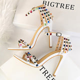 BIGTREE Shoes Color Rivets Women Sandals Roman Style Heeled Sandals Hollow Out High Heels Stiletto Sexy Party Shoes Sandals