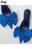 kamames Summer Women's Slippers Bowknot Cat Heel Low Heel Mid Heel Pointed Toe Shoes Slippers High Heels 601-0