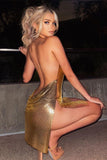 kamames Backless Diamante Mesh Mini Party Dress - Gold