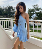 Kamames Elegant Short One Shoulder Chiffon Evening Dresses A-Line Sky Blue Ruffled Cocktail Party Dress Robes de soirée for Women