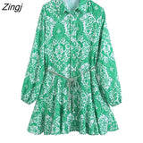 kamames Women Vintage Paisley Cashew Nuts Print Casual Mini Shirt Dress Female Chic Lace Up Belt Hem Pleat A Line Vestidos DS1507