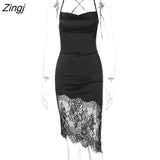 kamames Lace Patchwork Backless Midi Dress Women Black Sexy Lace Up Skinny Dress Clubwear Fashion Satin Bandage Vestidos Hot