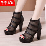 kamames Thick-Heeled Sandals Women's 2023 Summer New Net Gauze Fish Mouth Shoes Women's Waterproof Table Hollowed-Out Roman Sandals