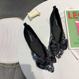 kamames Shiny Elegant Fashion Flat black shoes for women Flat Ballet Shoes Female Glitter Bling Crystal Bow Tie Pointed Toe Flats