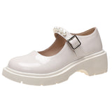kamames Buckle Mary Jane Shoes Thick-Soled Flat-Soled Spring Single Shoes Round Head White Bright Leather Small British Leather Shoes