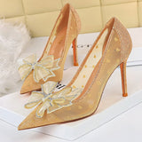 BIGTREE Shoes Bow-knot Women Pumps Mesh Hollow High Heels Rhinestone Stiletto Women Heels Sexy Party Shoes Women Sandals 2022