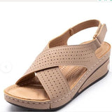 kamames 2023 New Sandals Women's Slope Heel Stitches Breathable Velcro Hollowed-Out Large Size Women's Shoes