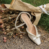 kamames kamames Summer New French Middle Heel Baotou Sandals Women's Thick Heels With Pearl High Heels Fairy Wedding Shoes