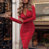 Zingj Women Elegant Wrap Deep V Neck Long Sleeves Glitter Skinny Above-knee Red Dresses