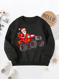 Boys' Cozy Fleece-Lined Christmas Sweatshirt with Santa & Truck Print - Casual Long Sleeve Pullover for Fall/Winter