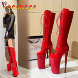kamames 26CM Platform Long Tube Knee-High Leather Women Boots Super High Heels Solid Color Model Stage Show Zipper Lace-up Women Shoes