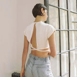 2025 open-navel tops, women's express sales, popular fashion trend women's clothing, sexy short-sleeved backless lace-up top