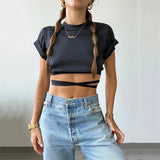 2025 open-navel tops, women's express sales, popular fashion trend women's clothing, sexy short-sleeved backless lace-up top