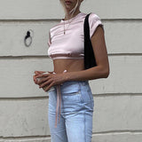 2025 open-navel tops, women's express sales, popular fashion trend women's clothing, sexy short-sleeved backless lace-up top