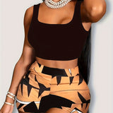 Casual Spring & Summer Two-piece Set, Crew Neck Sleeveless Tank Top & Geo Print Shorts Outfits, Women's Clothing