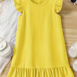 Girls' Summer Elegance: Flutter Sleeve Solid Color Dress - Ruffle Hem, Perfect for Holiday & Party Celebrations