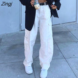 kamames Loose Jeans Casual Work Pants women Hip Hop Jeans woman Cotton Trousers 1 Pocket women Clothes Blue/black/white Jeans