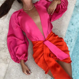 2025 women's clothing spring and autumn clothing sexy casual suit women's Popular trade New deep V long-sleeved onesie high waist hip skirt