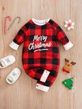 Merry Christmas Cute Toddler's Jumpsuit, Plaid Alphabet Graphic Sweatshirt Raglan Sleeves Baby Onesies