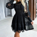 Zingj Hollow Out Long Sleeved Waist Office Dress New Spring Lace Patchwork Dress Chic Women O-neck Pearl Button Solid Mini Dress